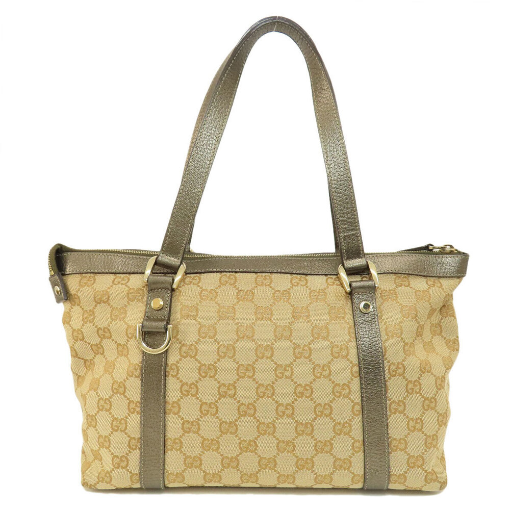 Gucci metallic leather beige monogram Abbey brown tote GG bag Tan Brown